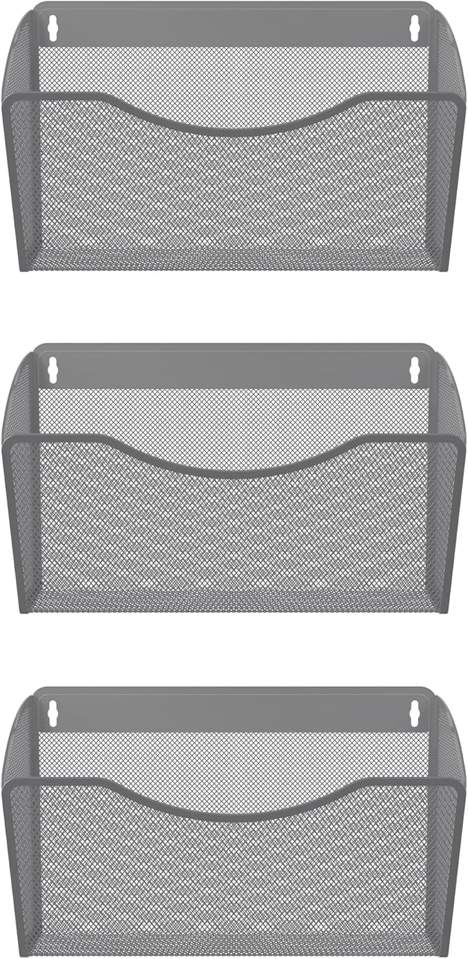 EasyPAG 3 Pack Wall File Holder, Single Mesh Hanging File Organizer for A4 Letter Size Paper, Wall Mount Paperwork Basket for Office, Home, School, Silver