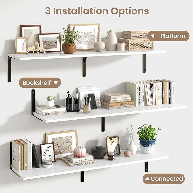Fun Memories Floating Shelves for Wall, 12 Inch Deep Floating Shelves Set of 2, Wall Mounted Shelf with Metal Brackets, Rustic Wood Wide Shelf for Bathroom, Kitchen and Living Room, White, 55W x 12D-NeatNest