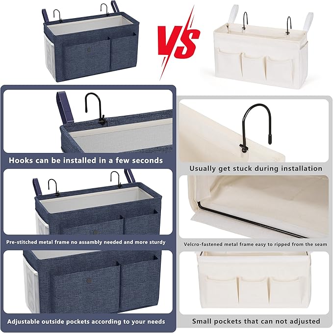 Bedside Caddy Bedside Organizer with Fixed Straps & Water Bottle Holder, Bunk Bed Caddy ideal for Home, Dorm, Hospital, Crib, Versatile Bedside Storage Solution (Navy)-NeatNest