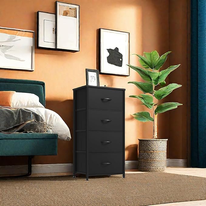 DWVO Storage Tower with 4 Drawers - Fabric Dresser, Organizer Unit, Living Room, Closets - Sturdy Steel Frame, Easy Pull Fabric Bins & Wooden Top-NeatNest