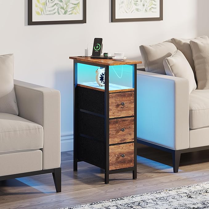 End Table with Charging Station, Narrow Side Table with 3 Fabric Drawers, Skinny Nightstand with LED Light, Slim Bedside Table for Bedroom, Living Room, Small Spaces, Rustic Brown