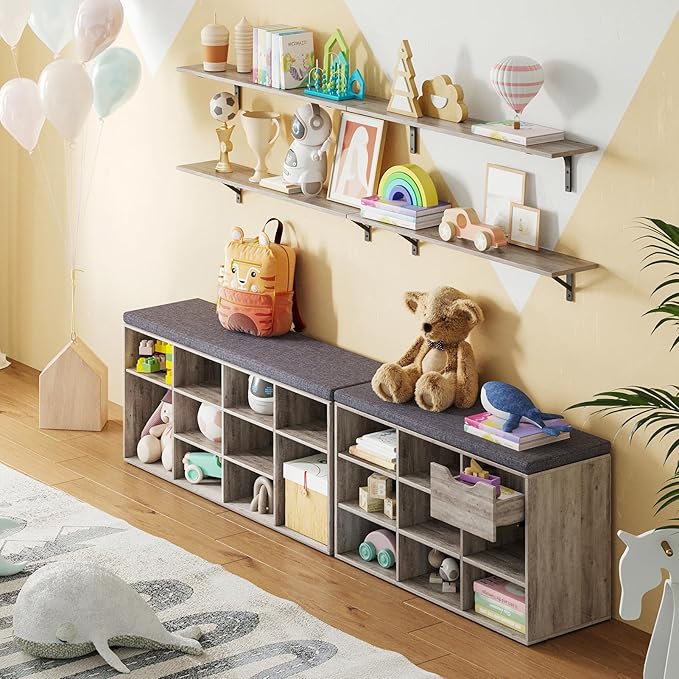 DINZI LVJ Shoe Storage Bench with Cushion, Cubby Rack with 12 Cubbies, Adjustable Shelves, Multifunctional Organizer Bench for Entryway, Mudroom, Hallway, Closet and Garage, Greige-NeatNest