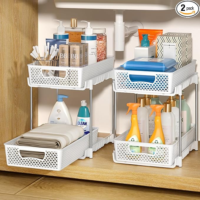 2 Pack Pull Out Bathroom Organizers and Storage, 2 Tier Stackable Under Sink Storage Organizer for Bathroom, Kitchen Cabinet, Pantry, and Medicine Holder, Organization and Storage - White-NeatNest