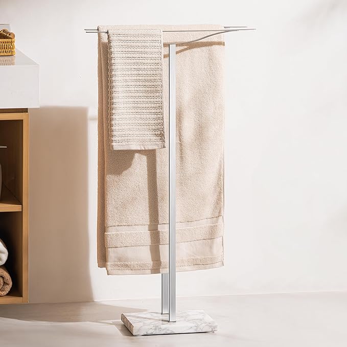 Bathroom Towel Rack Freestanding Floor Stand: Brushed 36in 2‑Bar Weighted Marble Base Towel Holder, Rustproof 304 Stainless Steel Drying Rack for Bath&Hand Towels, No‑Drill Slim Organizer, Spa Pool