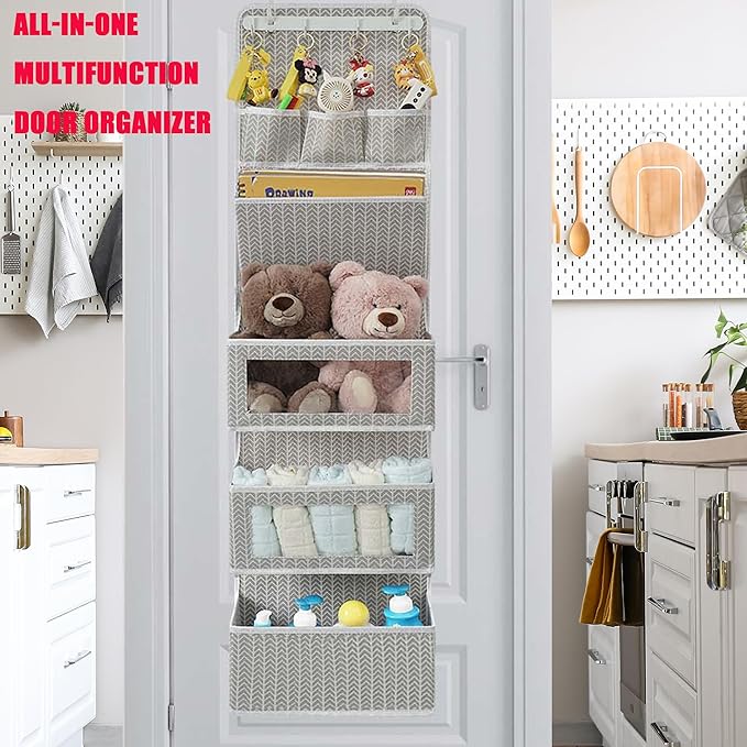 VICTORICH All-IN-ONE Over the Door Organizer, Super Behind the Door Storage Organizer with Door Rack and Large Clear Windows, Wall File Organizer, Hanging Organizer (New Branch Gray)