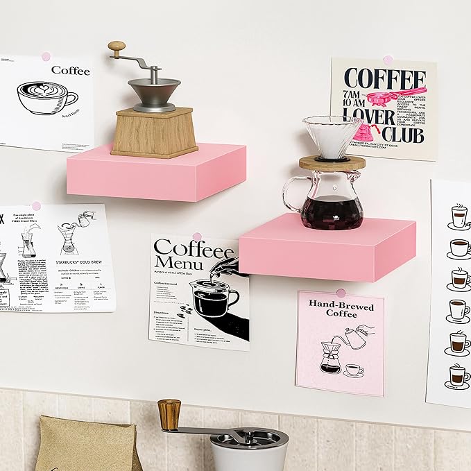 BAMEOS Pink Floating Shelves for Wall, 6" x 6" Wall Shelves for Room, Floating Book Shelves, Hanging Shelves for Bedroom, Bedroom, Living Room, Kitchen (Set of 2)-NeatNest