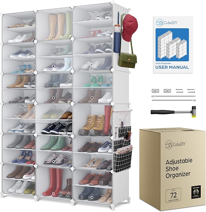 Shoe Organizer Cabinet Up to 72 Pairs, Shoe Closet-Covered Shoe Rack with See-Through Door (Clear, Plastic, Stackable) Cubby Portable Shoe Organizer with Covers, Hooks & Pockets, White-NeatNest