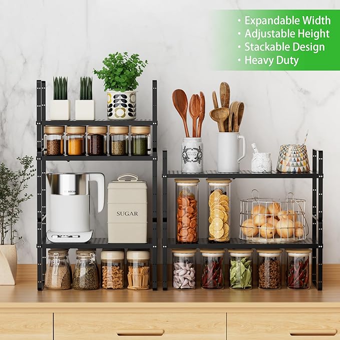 Expandable Cabinet Storage Shelf Stackable Organizer Rack for Kitchen Bathroom Pantry Spice Cupboard Coffee Countertop Home Office Desk Heavy Duty Nonslip Black Large 2 Packs-NeatNest