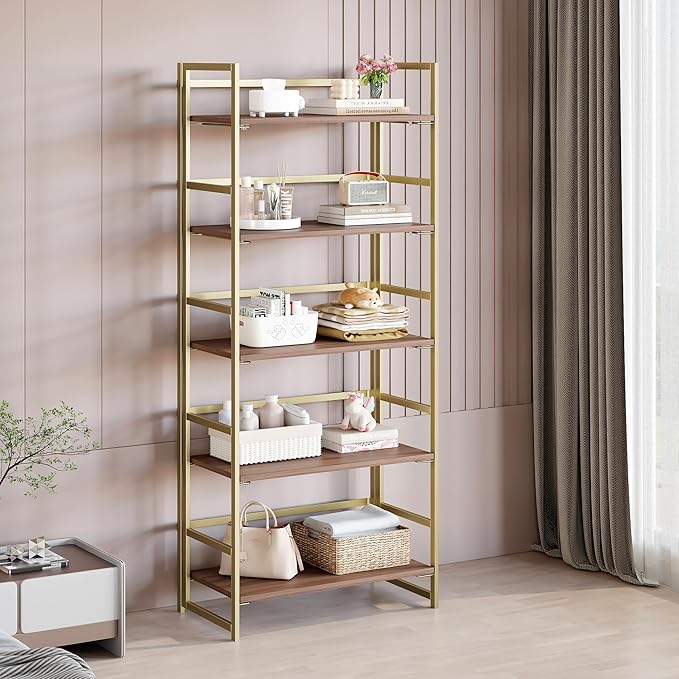 BHG Vintage Multifunctional Folding Bookshelf,5 Tier No-Assembly Plant Stand Storage Rack Shelves for Home Office (Brown&Gold, 5-Tier)-NeatNest