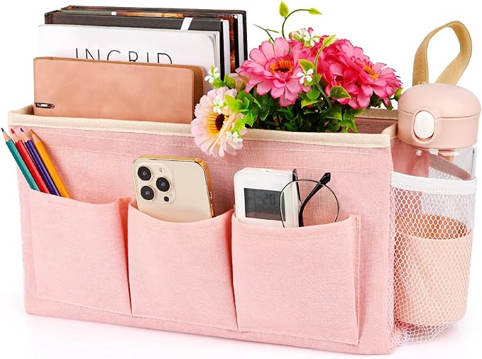 Bedside Organizer with Fixed Straps and Water Bottle Holder for Home, College, Dorm, Bunk, Hospital, Crib, Bed Rails - Pink-NeatNest
