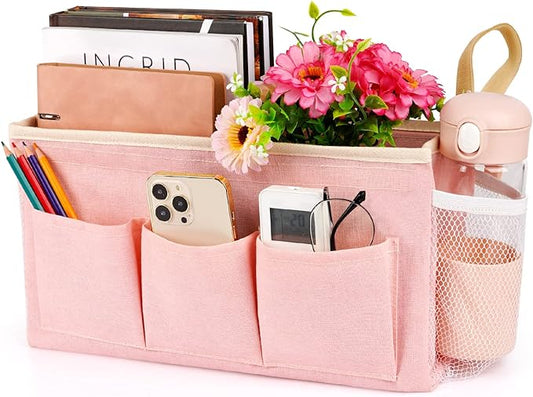 Bedside Organizer with Fixed Straps and Water Bottle Holder for Home, College, Dorm, Bunk, Hospital, Crib, Bed Rails - Pink-NeatNest