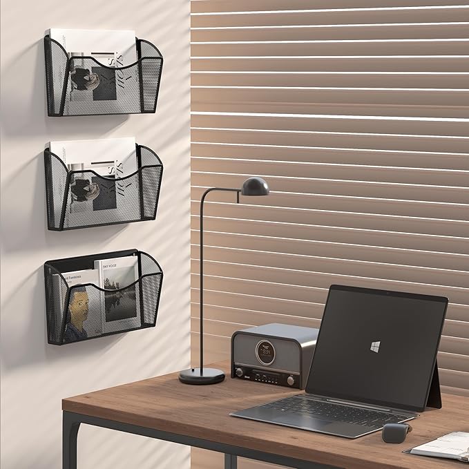 EasyPAG 3 Pack Wall File Holder, Single Mesh Hanging File Organizer for A4 Letter Size Paper, Wall Mount Paperwork Basket for Office, Home, School, Black