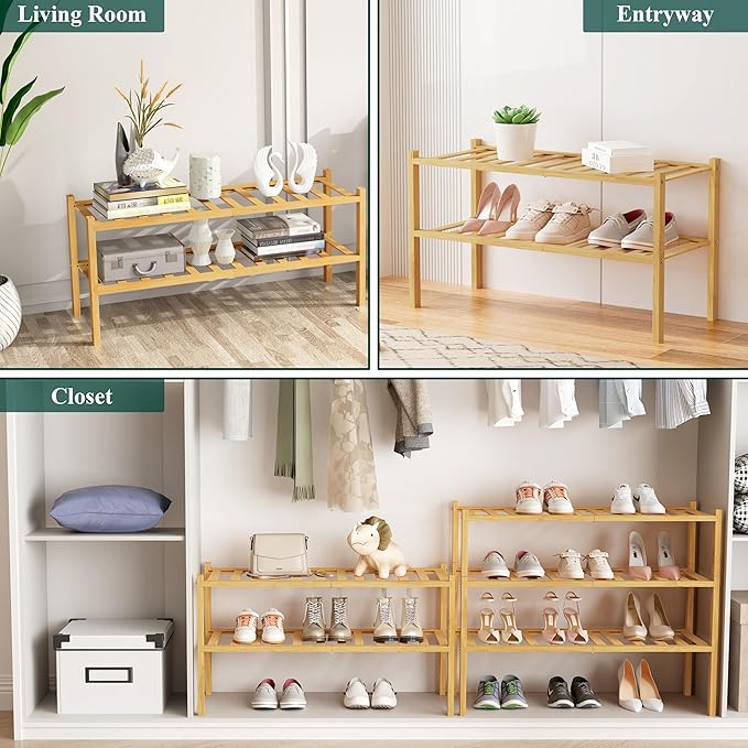 Smiry Shoe Rack, 2 Tier Bamboo Shoe Organizer, Stackable Free Standing Wooden Shoe Storage Shelf for Closet, Entryway, Front Door Entrance, Natural-NeatNest