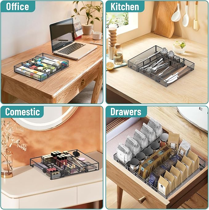 Expandable Desk Drawer Organizer, 10 Adjustable Compartments Mesh Tray with 5 Dividers, Versatile Storage for Office Supplies Makeup Vanity & Jewelry (Black)-NeatNest