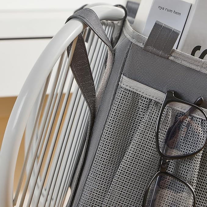 Bedside Organizer Caddy, Bed Organizer with 3 Pockets and Mesh Side Pocket, Great for College Dorms and Hospital Beds, Gray, 2 Pack-NeatNest