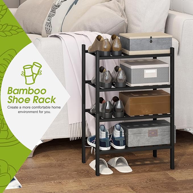 BMOSU 4-Tier Bamboo Small Shoe Rack Premium Stackable Shoe Shelf Storage Organizer for Hallway Closet Living Room Entryway Organizer (Black Bamboo)-NeatNest