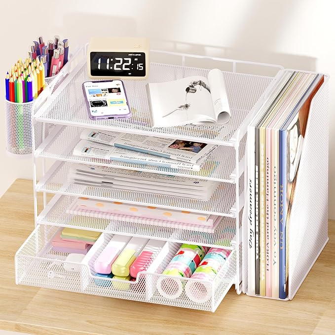 Desk Organizers and Accessories, 5-Tier Paper File Organizer with Drawer & Pen Holder, Office Desk Accessories Workspace Desktop Organizer for Office Supplies (White)-NeatNest