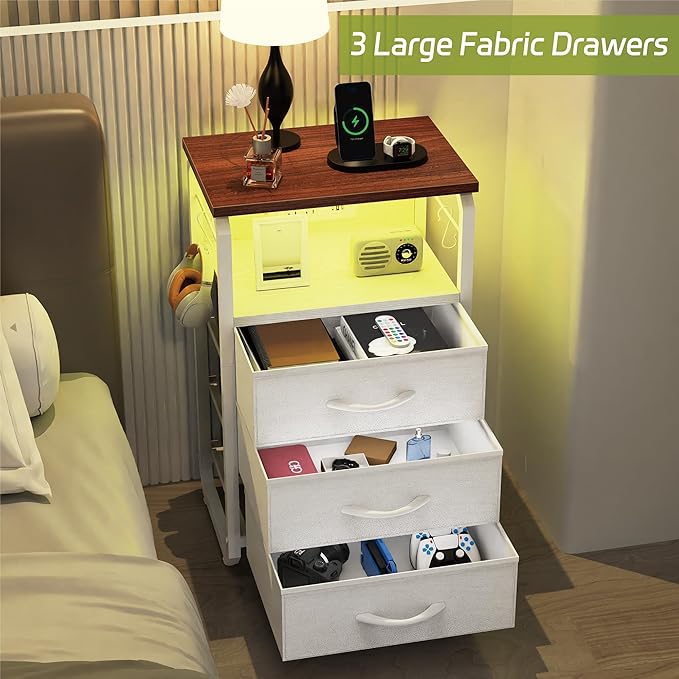 Bed Side Table with 3 Fabric Drawers, Night Stand with Charging Station, LED Nightstand with Hooks, Bedside Table End Table with Storage, Night Table for Living Room, Bedroom Walnut-NeatNest