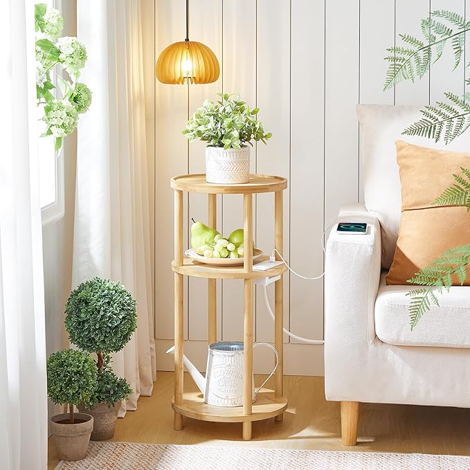 HOOBRO Small Round Side Table with Charging Station, 3-Tier Round Bamboo End Table, Compact Sofa Bedside Table for Small Space, Easy Assembly, for Living Room, Bedroom, Apartment, Natural YL152UBZ01
