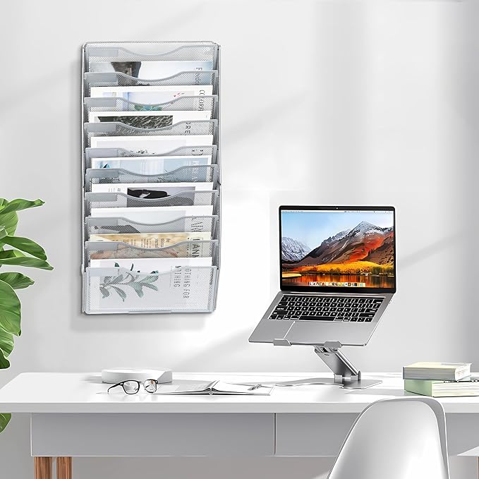 EasyPAG 10 Pocket Wall File Organizer, Silver | Metal Mesh Wall Mounted File Holder | Assembly Hanging Mail Organizer | Replaceable Classify Labels | Office Home Letter Size Paper Storage
