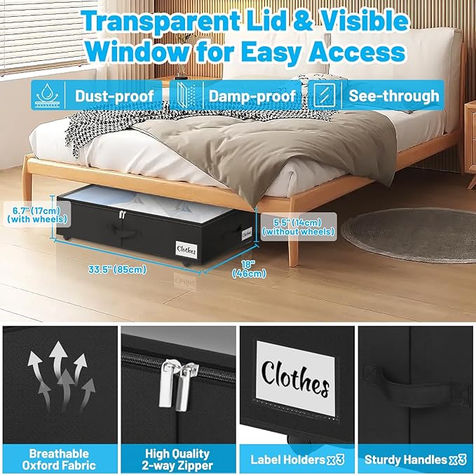 2 Pack Under Bed Storage with Wheels 6.7" Height, Rolling Storage Bins XL 50L, Underbed Shoe Storage Containers with Label & Clear Lid, Dorm Under bed Drawers for Clothes, Shoes, Quick Assembly, Black-NeatNest
