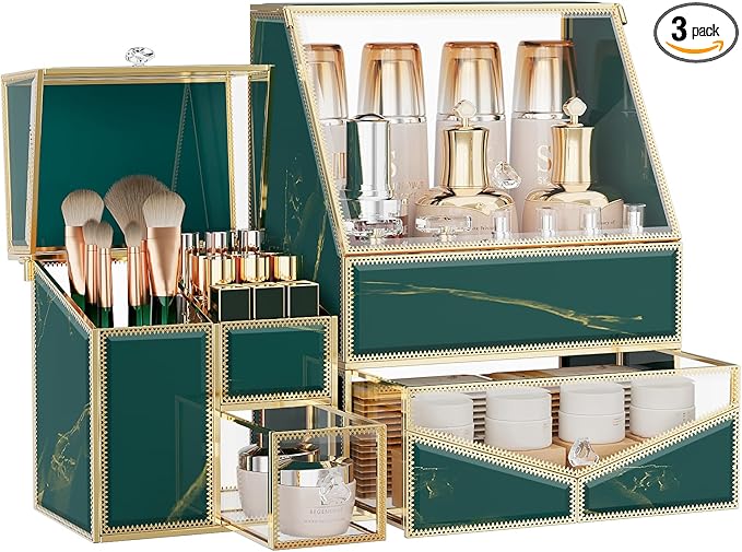 Glass Makeup Organizer for Vanity and Bathroom Countertop – Large Cosmetic Display Case and Skincare Storage Solution