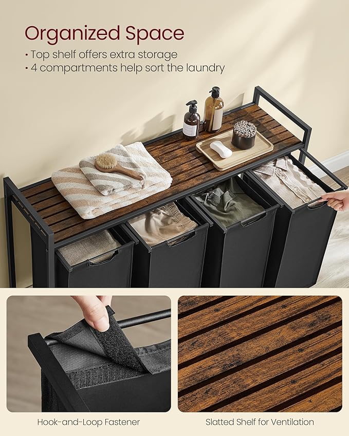 VASAGLE Laundry Hamper, Laundry Basket, Laundry Sorter with 4 Pull-Out and Removable Bags, Shelf, Metal Frame, 4 x 10.6 Gallons (40 L), 45.7 x 13 x 28.4 Inches, Ink Black and Rustic Brown UBLH401B01-NeatNest