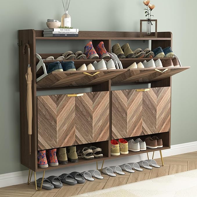 Vibe & Dine 4 Flip Drawer Shoe Cabinet, Mid Century Modern Shoe Organizer with Bottom Cubby, Hidden Shoe Cabinet with 2 Hooks, Freestanding Narrow Slim Shoe Rack Cabinet for Entryway, Foyer, Hallway-NeatNest
