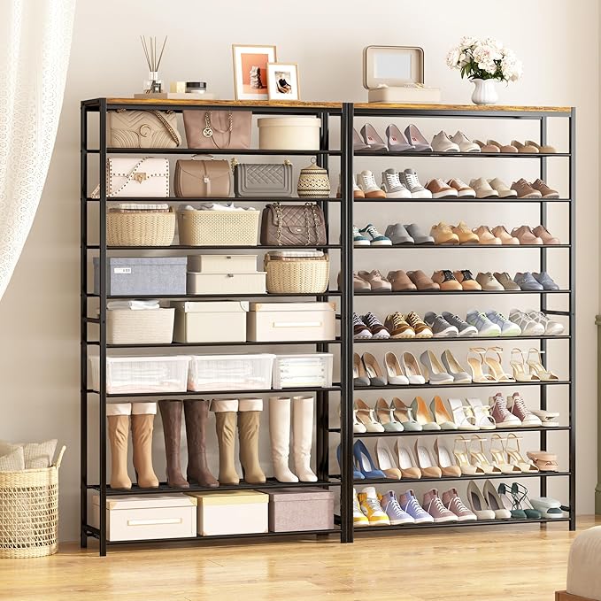 HOMEFORT 10 Tiers Shoe Rack Organizer,39.4" Shoe Storage Shelf for Closet, Shoe Rack for Entryway,Holds 45-50 Pairs of Shoe, Tall Shoe Stand with Metal Shelves and MDF Top Board,Rustic Brown-NeatNest