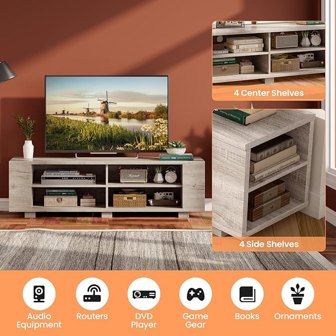 Giantex Modern TV Stand for TVs up to 65 Inch, Wood Entertainment Center w/ 8 Open Storage & Adjustable Shelves, Television Stands w/Cable Holes, TV Console Table for Living Room Bedroom (White Oak)-NeatNest