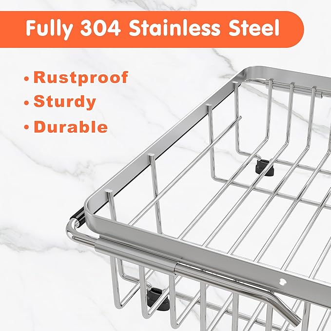 romision Dish Drying Rack in Sink, Expandable (13.1"-16.6" D) Stainless Steel Dish Drainers for Kitchen Sink, Retractable Over Sink Dish Rack Drying Rack with Utensil Holder, Silver