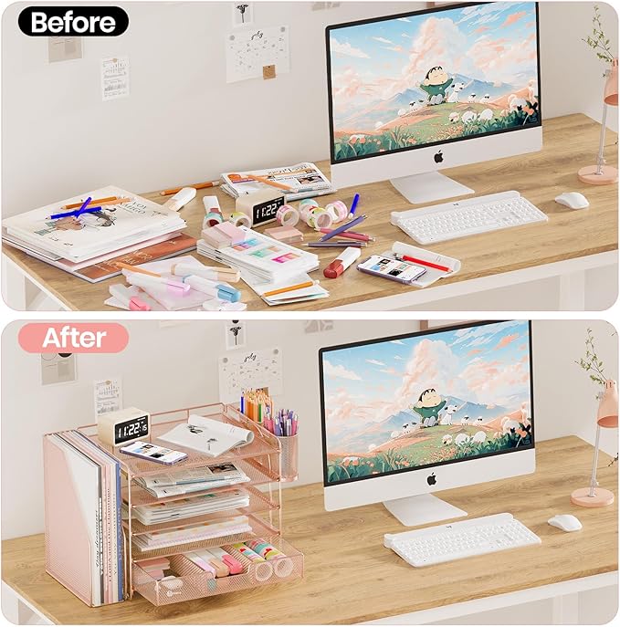 Desk Organizers and Accessories, 5-Tier Paper File Organizer with Drawer & Pen Holder, Office Desk Accessories Workspace Desktop Organizer for Office Supplies (Rose Gold)-NeatNest