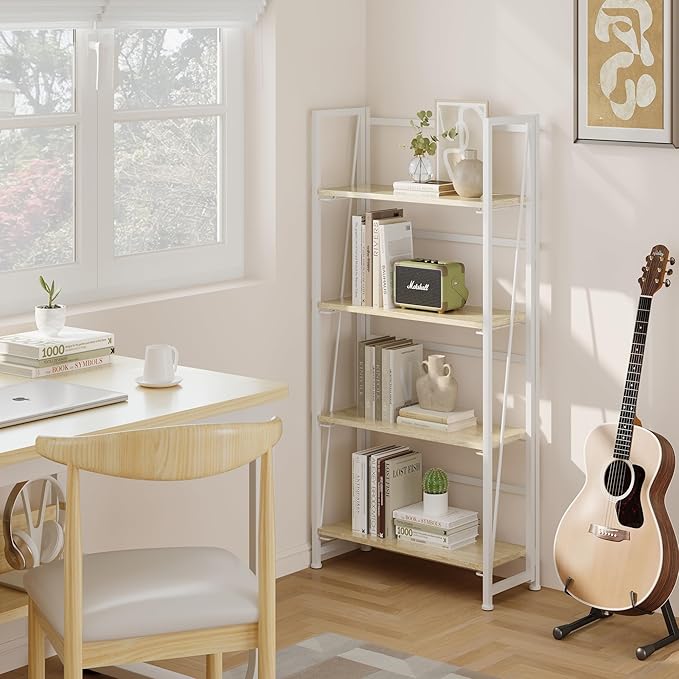 BHG Vintage Multifunctional Bookcase Folding Bookshelf, No-Assembly Plant Stand Storage Rack Shelves for Home Office (White, 4-Tier)-NeatNest