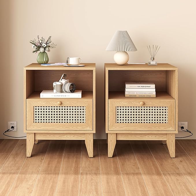 Rattan Bed Side Tables of 2 with Charging Station Wood Farmhouse Nightstands Set of 2 with USB and Type-C Ports for Bedroom Oak Rustic End Table with Drawer and Opening Shelf for Living Room