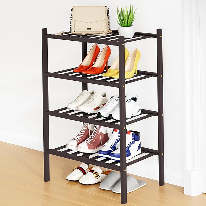 Smiry Shoe Rack, 4 Tier Small Bamboo Shoe Organizer, Stackable Free Standing Wooden Shoe Storage Shelf for Closet, Entryway, Front Door Entrance, Brown-NeatNest