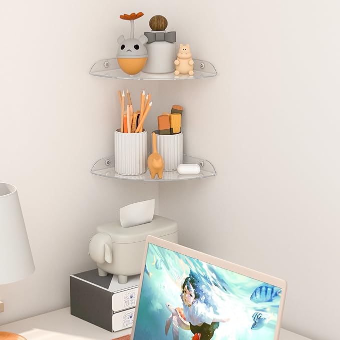 9.5x9.5 Inch Acrylic Corner Floating Shelf Set of 2, Clear Corner Wall Shelf for Home Décor, Speakers, Security Cameras, Toileries, Plants, Figures, Cosmetics, Books