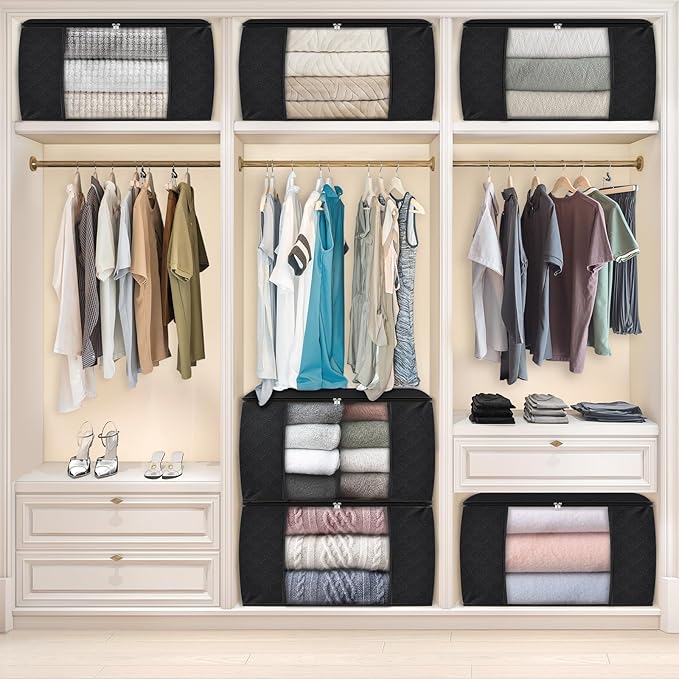 Fab totes 90L Clothes Storage, Foldable Thick Fabric Blanket Storage Bags, Containers for Organizing Bedroom, Closet, Clothing, Comforter, Organization with Handle (10 Pack,Black)-NeatNest