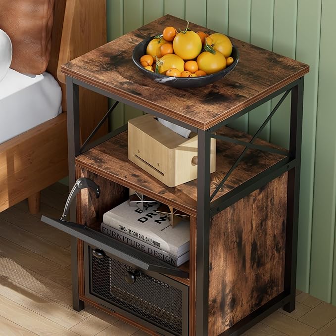VECELO End Side Table, Modern Night Stand with Storage Space and Door, Set of 2 Nightstands for Living Room,Bedroom,Lounge,Antique Brown