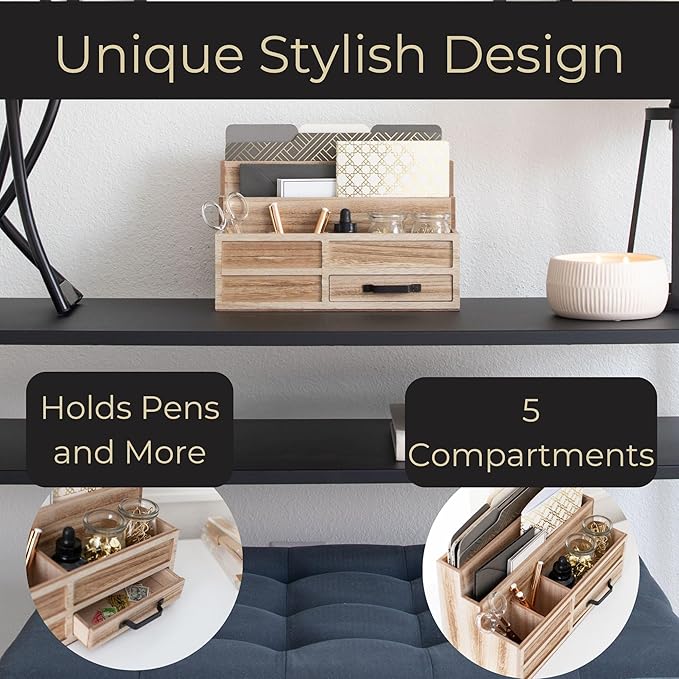 BLU MONACO Natural Wood Mail Organizer with Drawer & Pen Holder – Desk Organizer for Bills, Storage, Countertop & Kitchen-NeatNest