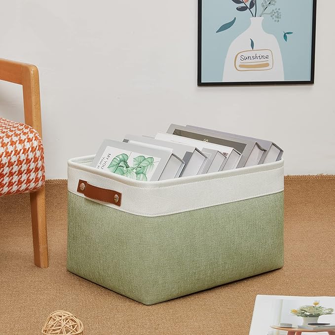 DULLEMELO Fabric Storage Bin for Laundry, Home, Foldable Storage Basket for Shelves, Toys, Collapsible Storage Basket Bin for Office, Closet,Bedroom(White&Green)-NeatNest