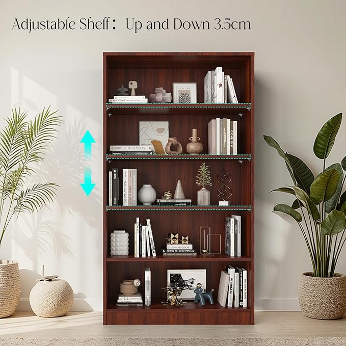Farini 60 Inch Tall 5-Shelf Bookcase, Wood Bookshelf Storage Organizer Adjustable Shelf for Home Office, Study Room, Easy Assembly,Mahogany