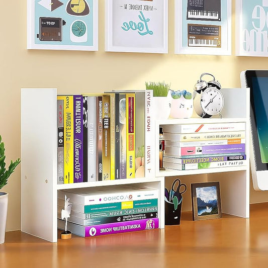 Desktop Shelf Organizer, Adjustable Wood Office Storage Rack, Counter Display Small Bookshelf for Home/Office/School(White)-NeatNest