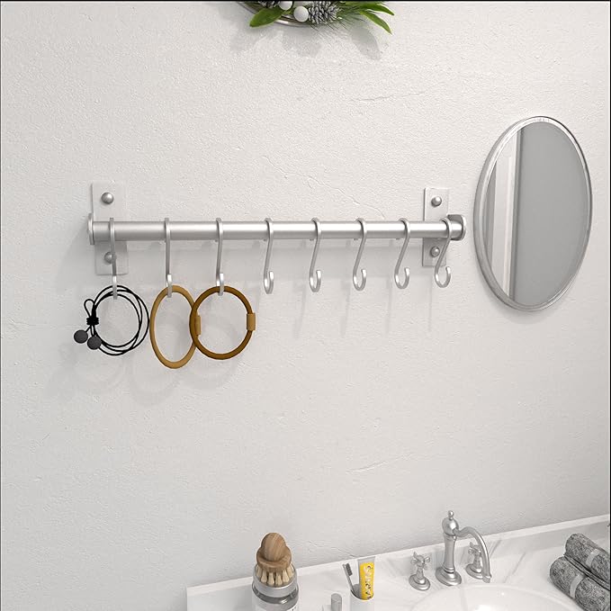 Dseap Kitchen Utensil Holder Hanger, Pot and Pan Rack Wall Mounted, Kitchen Rail with 8 Hooks for Hanging Cooking Utensils, Mugs, Spoons, Wall Mounted, Silver-NeatNest