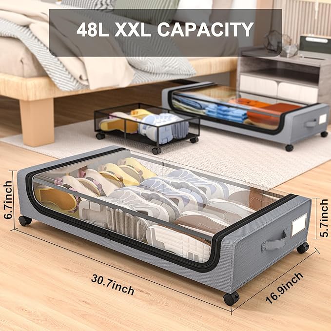 GoMaihe Under Bed Storage with Wheels: XXL Underbed Storage Containers with Lids - Rolling Bins for Shoes Clothes in Dorm Bedroom - Metal Drawers Easy Pull-out Grey 2-Pack-NeatNest
