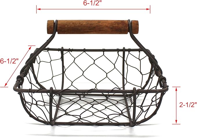 CVHOMEDECO. Chicken Wire Egg Baskets Rust Gathering Baskets with Wooden Handle Country Vintage Style Storage Baskets. Set of 2 (Square)
