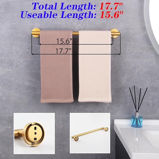 GERZWY 18-Inch Bathroom Towel Bar Gold Stainless Steel Modern Round Style Bath Towel Rack Wall Mount AG1101C45-BE
