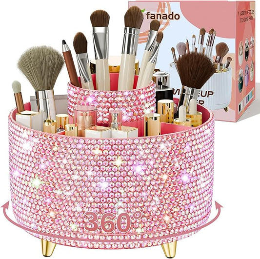 Bling 360° Rotate Makeup Brush Holder Organizer, Makeup Organizers Countertop, Makeup organization and Skincare Storage for Vanity, Gift for Women Girls (Bling dz-Pink)-NeatNest