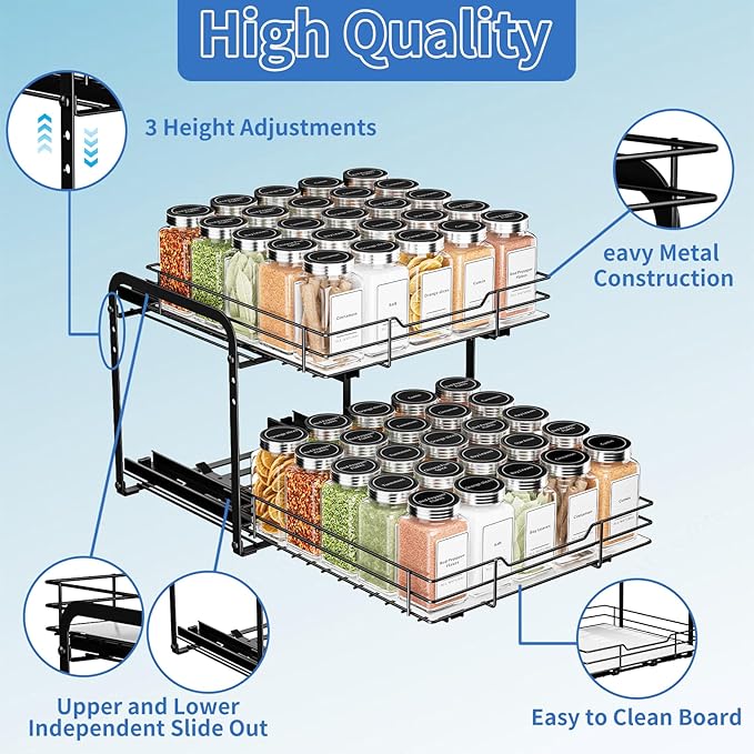 2-Tier Spice Rack Organizer, Pull Out Spice Rack for Cabinet, Height Adjustable Heavy Duty Metal Basket for Inside Cabinet & Pantry (11.5''Wx10.5''Dx9.5''H)-NeatNest