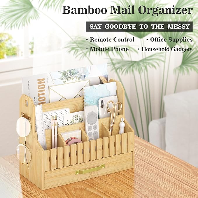 Bamboo Mail Organizer Countertop with Drawers, Wood Desk File Organizer Desktop Paper Organization Storage Bill & Letter Sorter Holder for School Home Office Supplies, No Assembly Required (Nature)-NeatNest