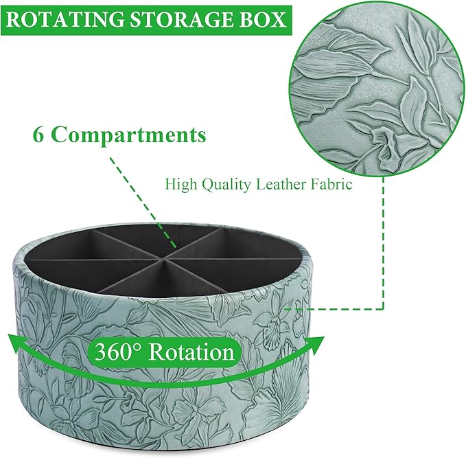 Hennaja Remote Control Holder, 360°Spinning PU Leather Desk TV Remote Caddy,Desk Storage Box Room Accessories for Controller, Media,Mail,Calculator, Mobile Phone,Pencil(1-Carved Green2)-NeatNest